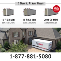 Go Mini's Portable Storage Container with text above saying: "3 Sizes to Fit Your Needs. 12ft, 16ft, and 20ft."