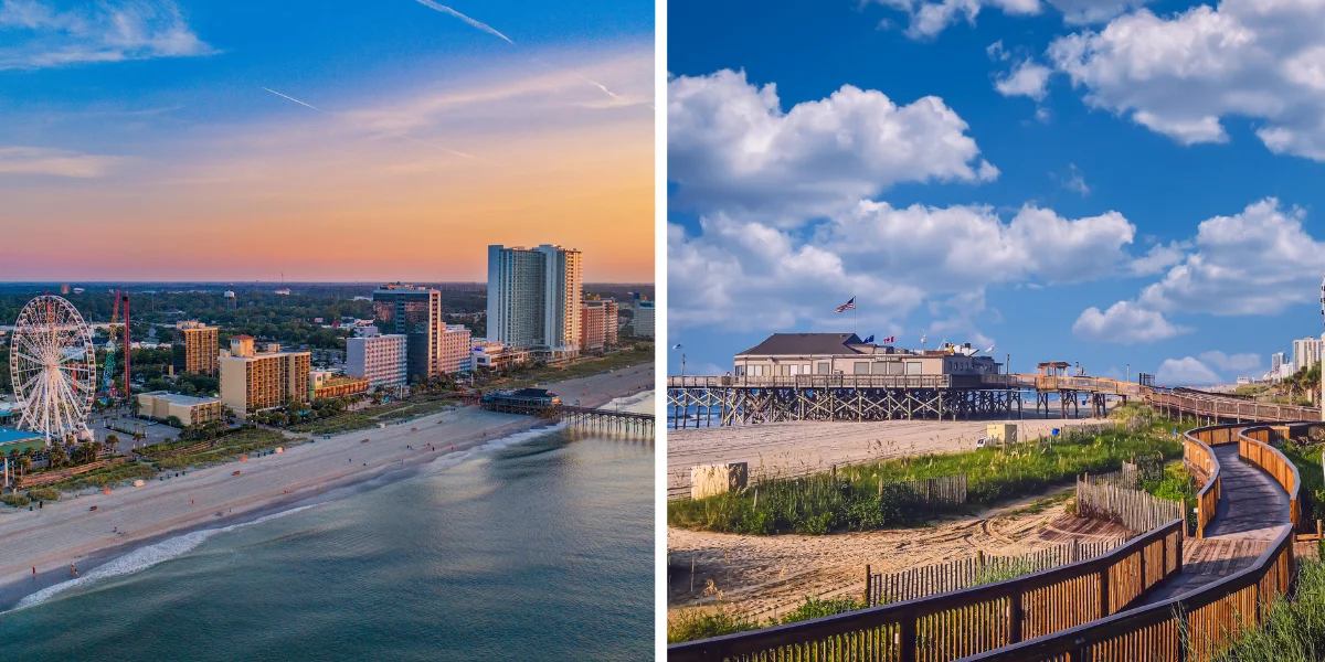 Aerial view of the Myrtle Beach oceanfront at sunset with high-rise hotels, the SkyWheel and a pier, next to a wooden boardwalk winding through the dunes toward a pier building flying an American flag