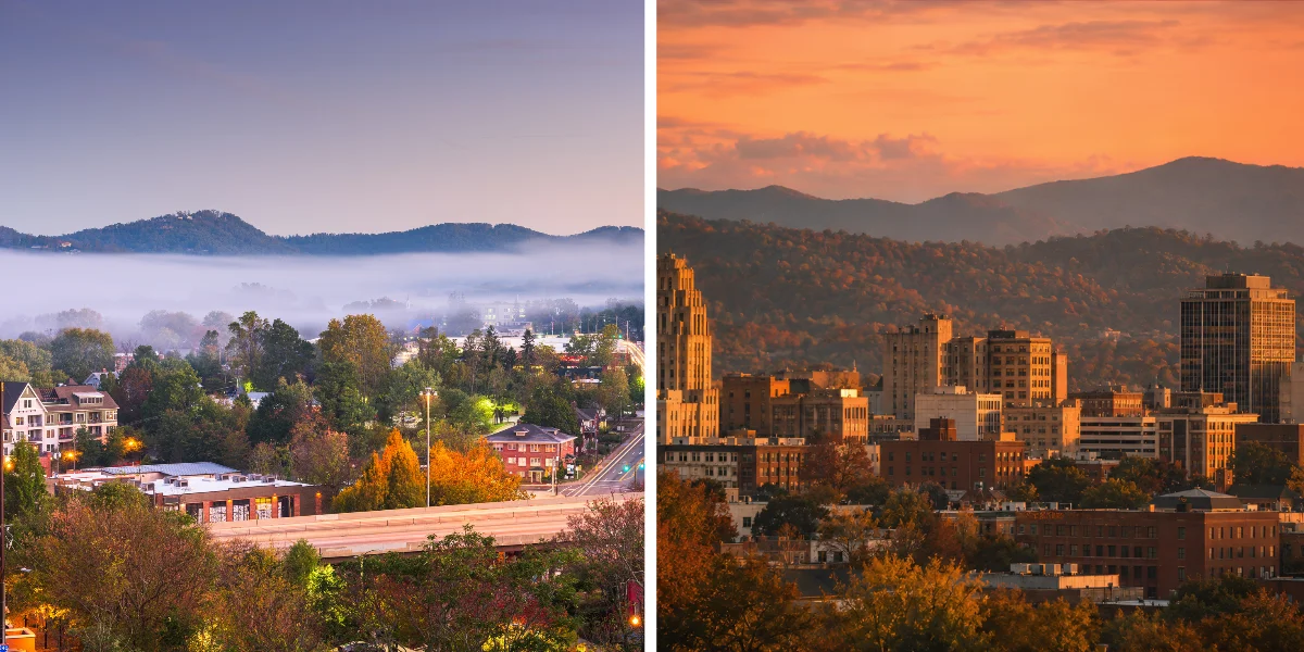 Morning fog settling over Asheville neighborhoods and fall trees below the mountains, next to the downtown Asheville skyline against the Blue Ridge Mountains at sunset