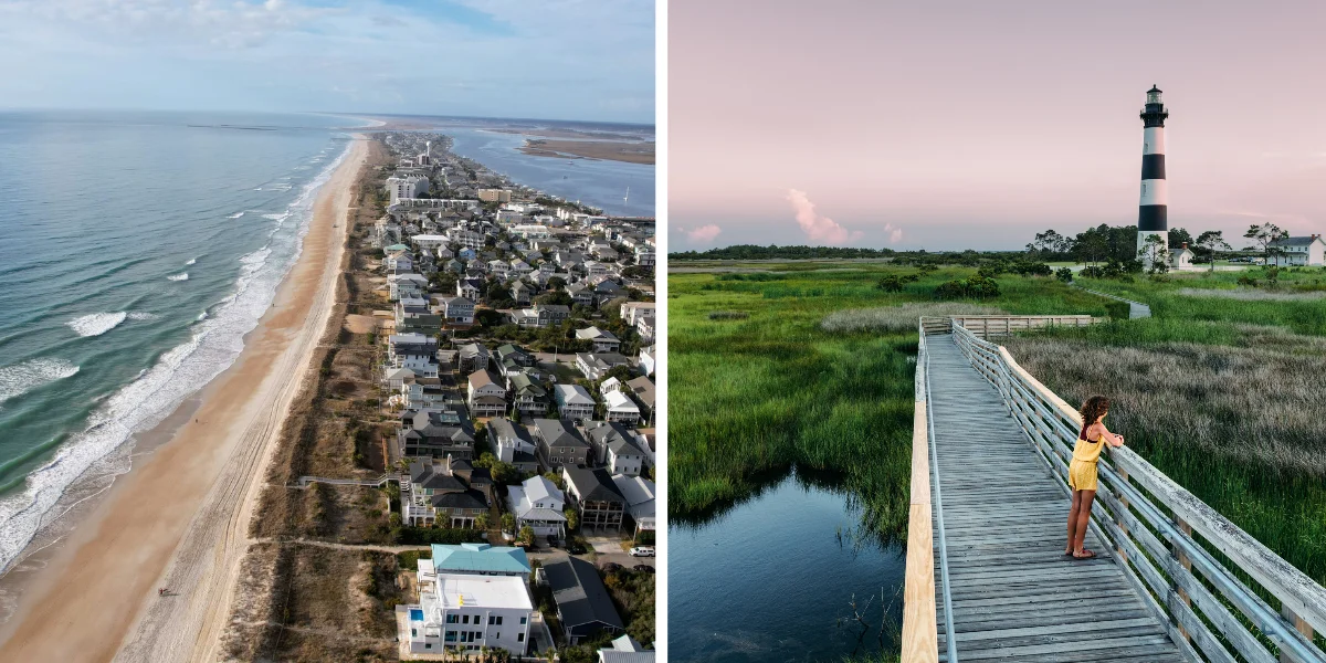 Aerial view of beach homes along the shoreline near Wilmington, next to a woman on a wooden boardwalk over the marsh looking toward the black-and-white striped Bodie Island Lighthouse on the Outer Banks