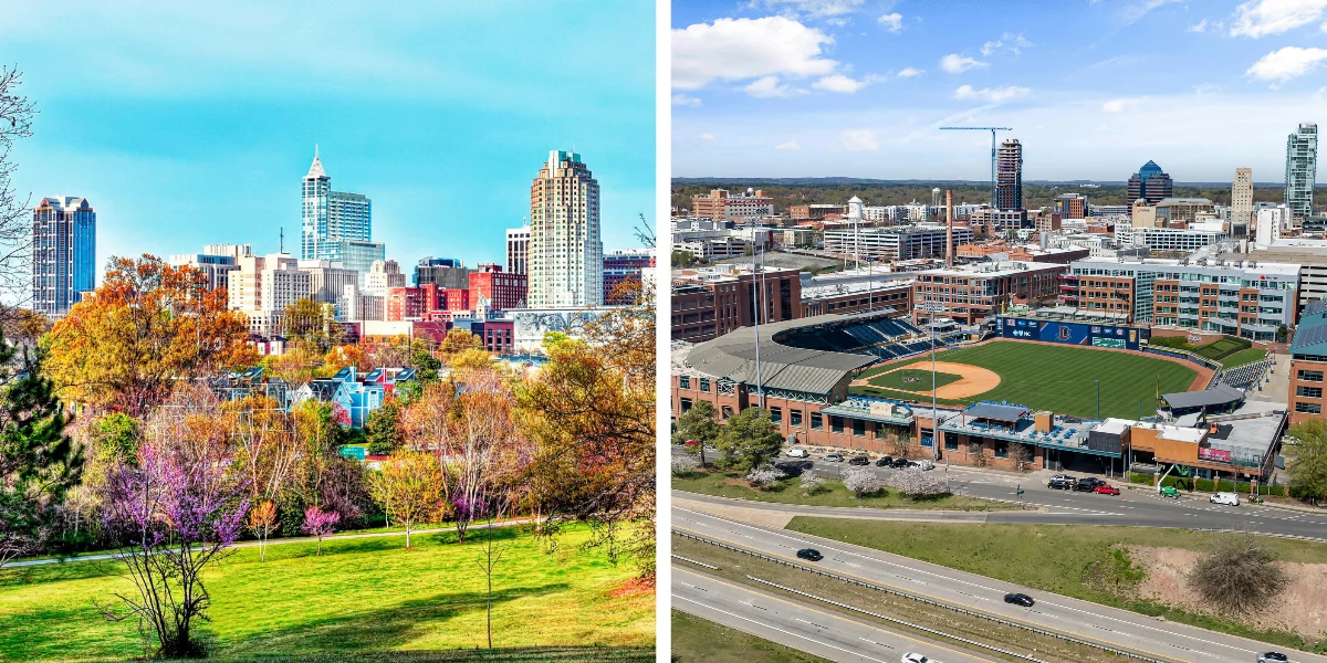 Downtown Raleigh skyline behind a park with blooming trees, next to an aerial view of Durham Bulls Athletic Park and the downtown Durham skyline