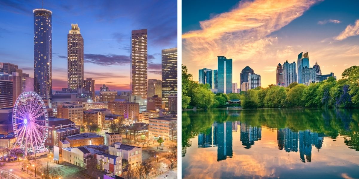 A split image showing the Downtown Atlanta skyline illuminated at night on the left, and the Midtown skyline reflected over Lake Clara Meer in Piedmont Park on the right.