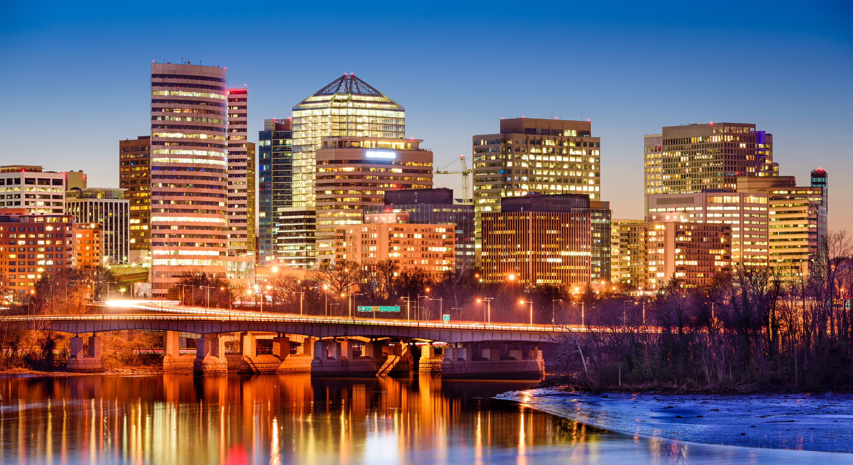 The urban skyline of downtown Rosslyn in Arlington Virginia featuring modern high-rise office and residential buildings
