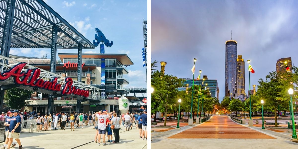 A split image showing the Truist Park entrance at The Battery Atlanta on the left, and Centennial Olympic Park plaza on the right.