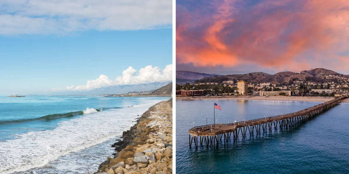 Two views of Ventura, with waves rolling toward a rocky shoreline and the pier in the distance, and the Ventura Pier at sunset under pink clouds.