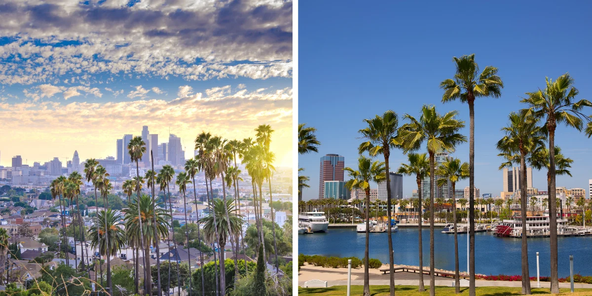 Two views of Southern California, with the Los Angeles skyline rising behind palm-lined neighborhoods at sunset, and palm trees along the Long Beach waterfront with boats in the harbor.