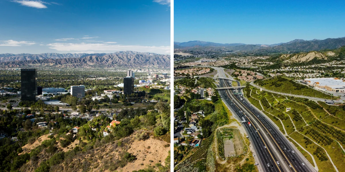 Two views of the San Fernando Valley area, with office towers in Burbank and mountains behind them, and a freeway running through Santa Clarita with homes and hills on both sides.